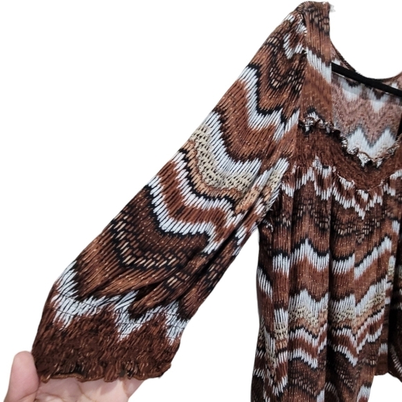 2X Wave Print Square Neck Ruffled Peasant Blouse Boho Artsy - Picture 2 of 9